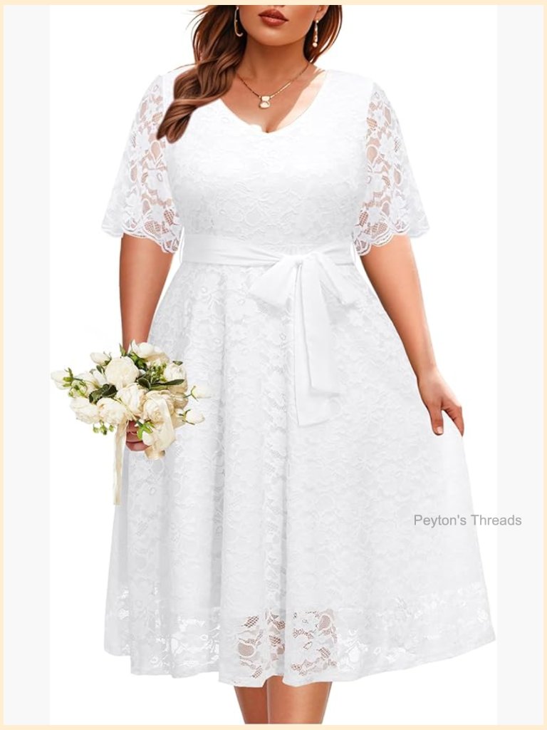 Plus Size Lace V-Neck Short Sleeve Midi Cocktail Dress
